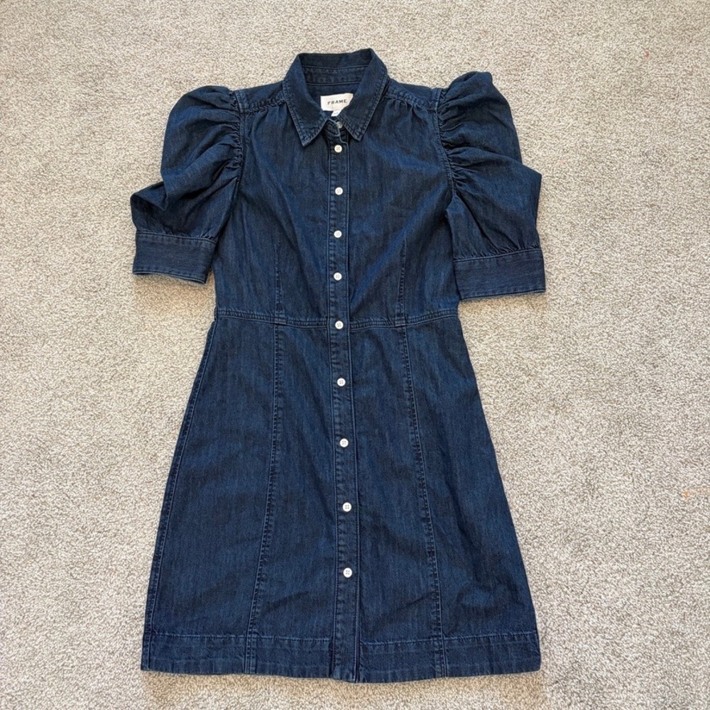 Frame Gillian Denim Dress Womens S Blue Dark Wash Puff Sleeve Button Front